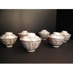 Six fine rose medallion covered rice bowls.